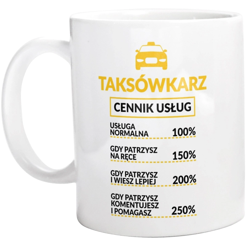 Taksówkarz - Cennik Usług - Kubek Biały