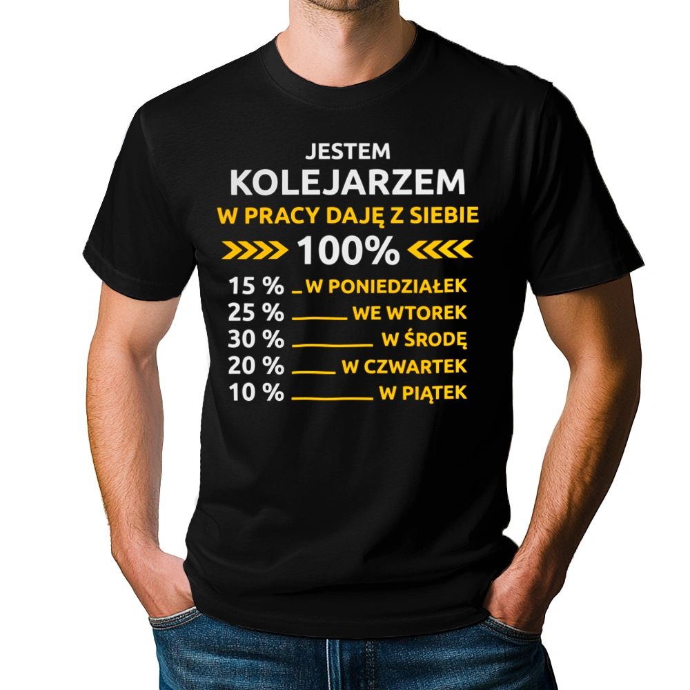 Kolejarz W Pracy Daje Z Siebie 100%  - Męska Koszulka Czarna