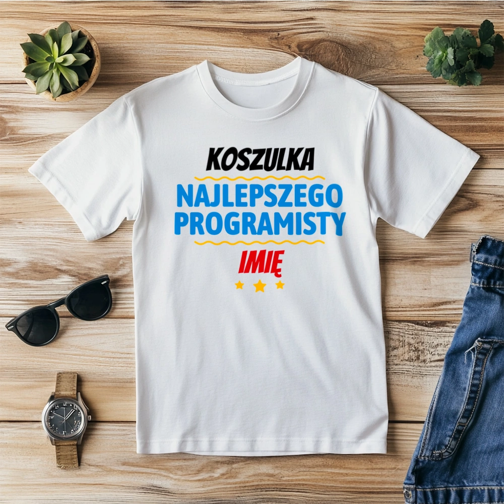 Kubek Najlepszego Programisty Imię Personalizacja - Męska Koszulka Biała