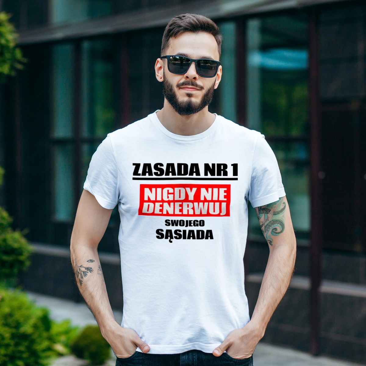 Zasada Nr 1 - Nigdy Nie Denerwuj Swojego Sąsiada - Męska Koszulka Biała