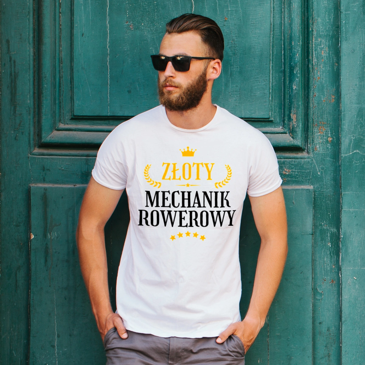 Złoty Mechanik Rowerowy - Męska Koszulka Biała