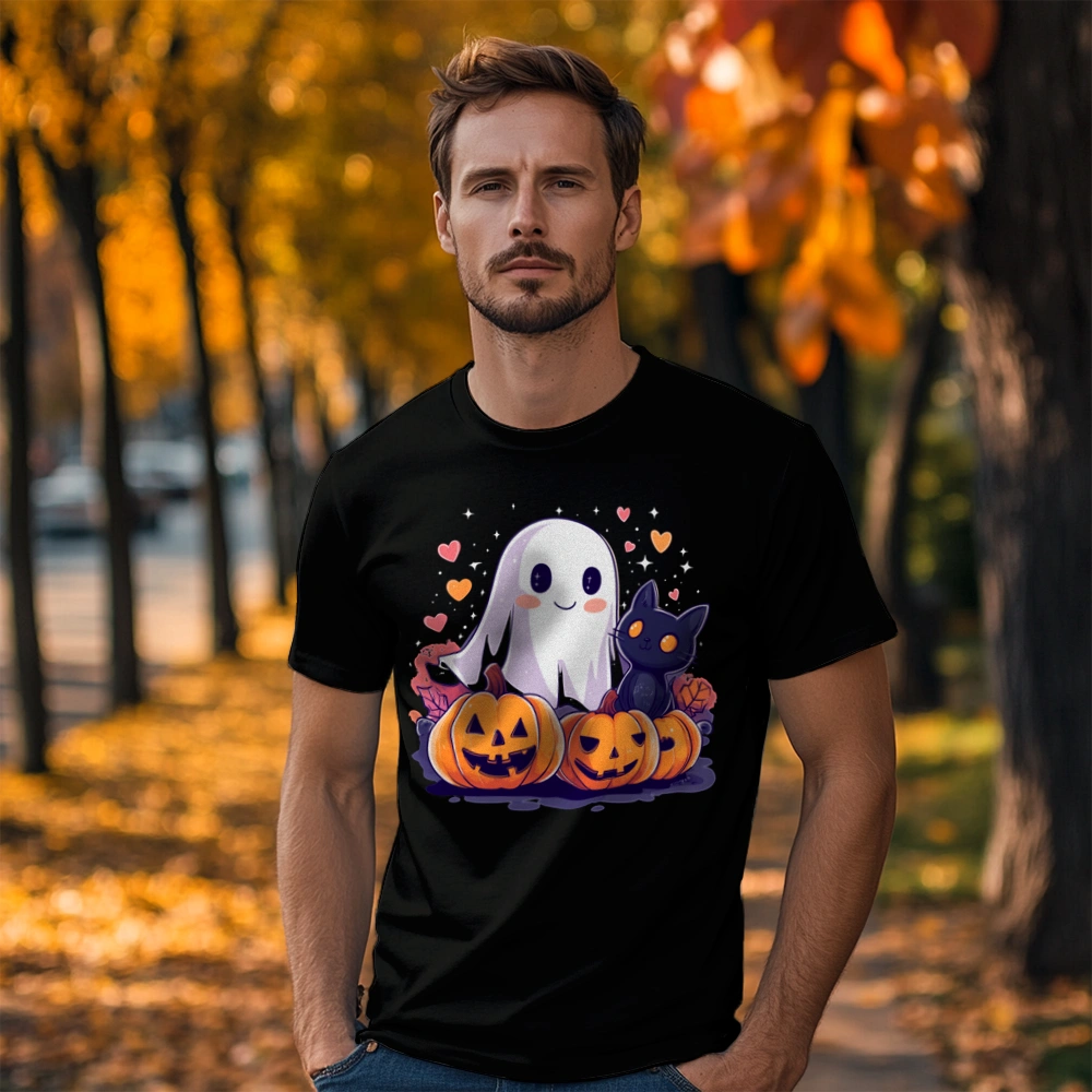 Kot Duszek Halloween - Męska Koszulka Czarna