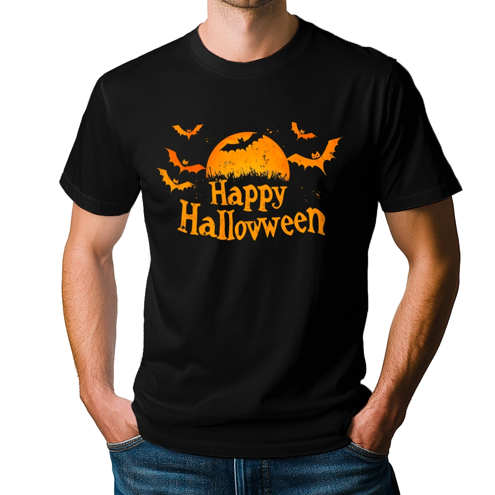 Happy Halloween Napis Nietoperze - Męska Koszulka Czarna