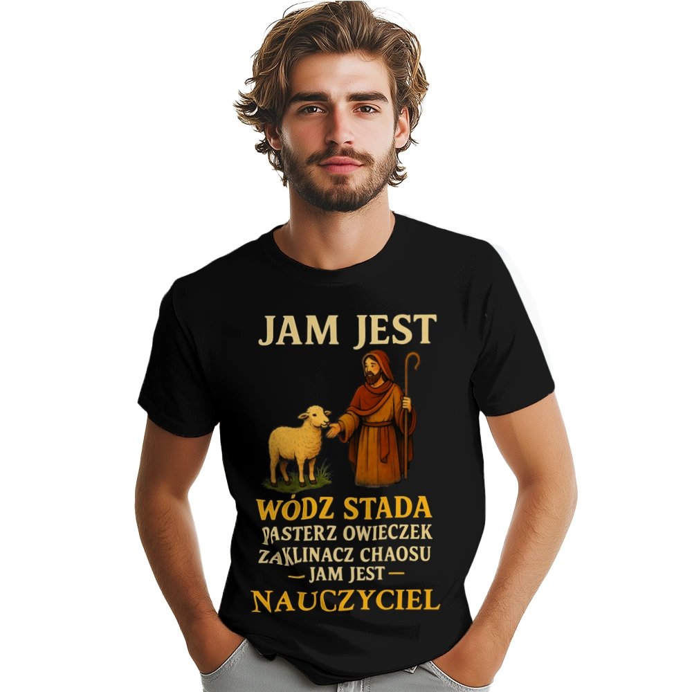 Jakm Jest Wódz Stada Pasterz Owieczek Zaklinacz Chaosu Jam Jest Nauczyciel - Męska Koszulka Czarna