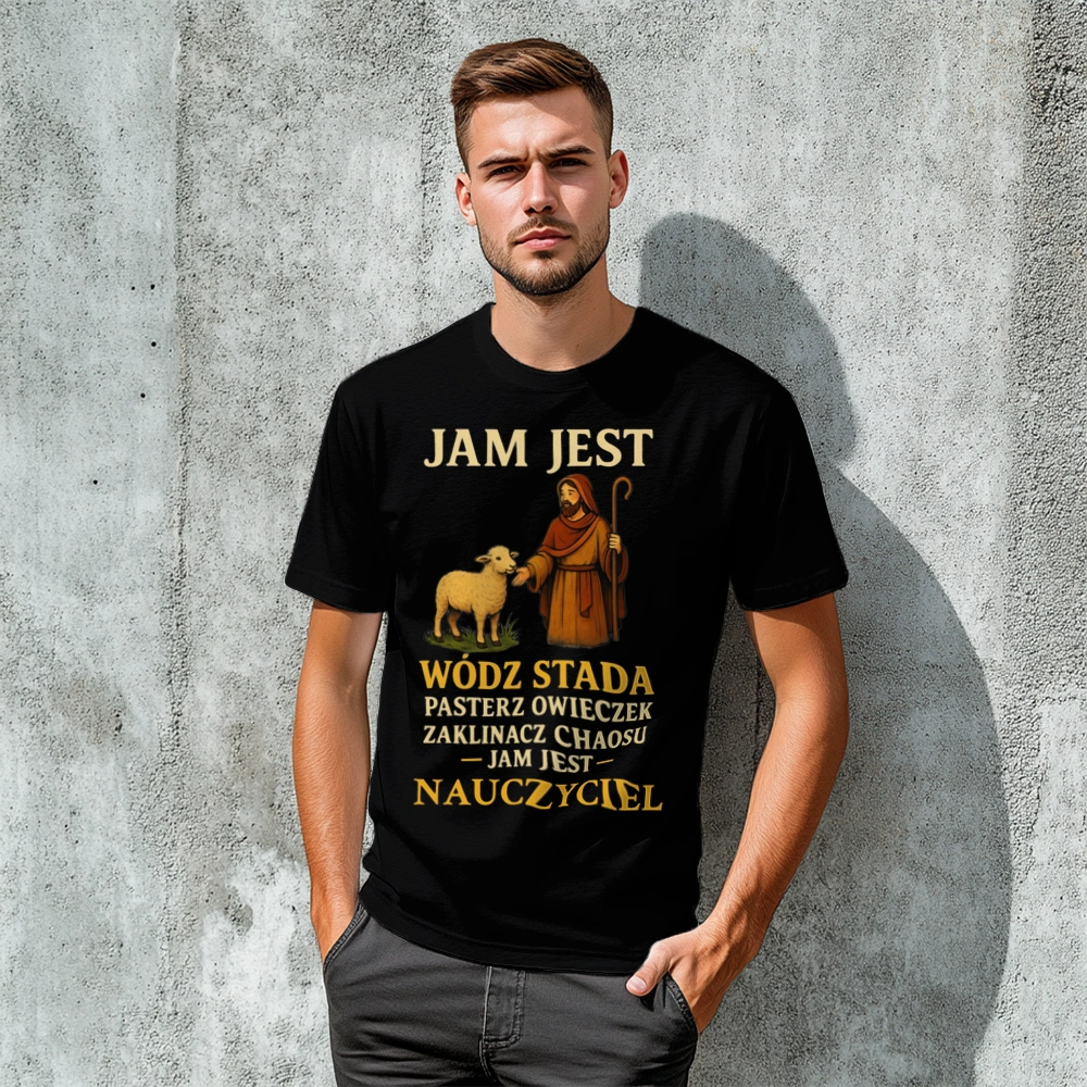 Jakm Jest Wódz Stada Pasterz Owieczek Zaklinacz Chaosu Jam Jest Nauczyciel - Męska Koszulka Czarna